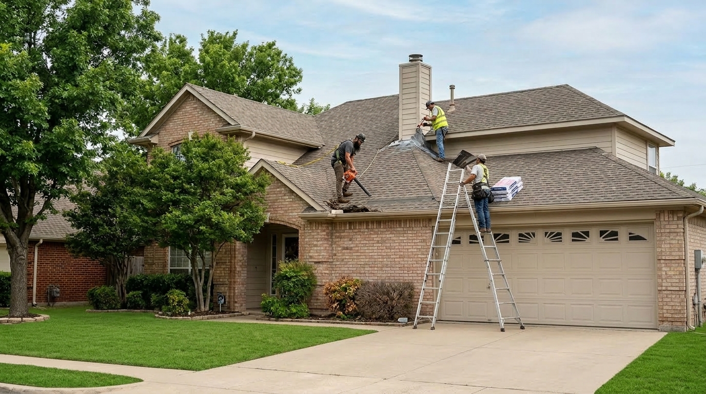 Roofing contractor performing annual roof maintenance and inspection on a North Richland Hills Texas home during clear weather
