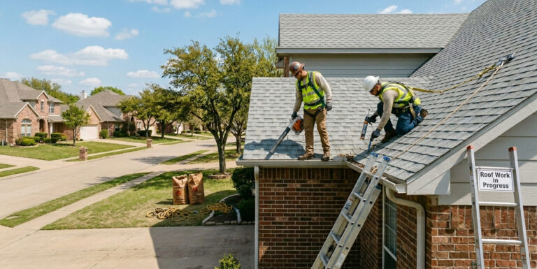 Professional roof maintenance services on a residential home in North Richland Hills TX with a crew inspecting shingles and flashing