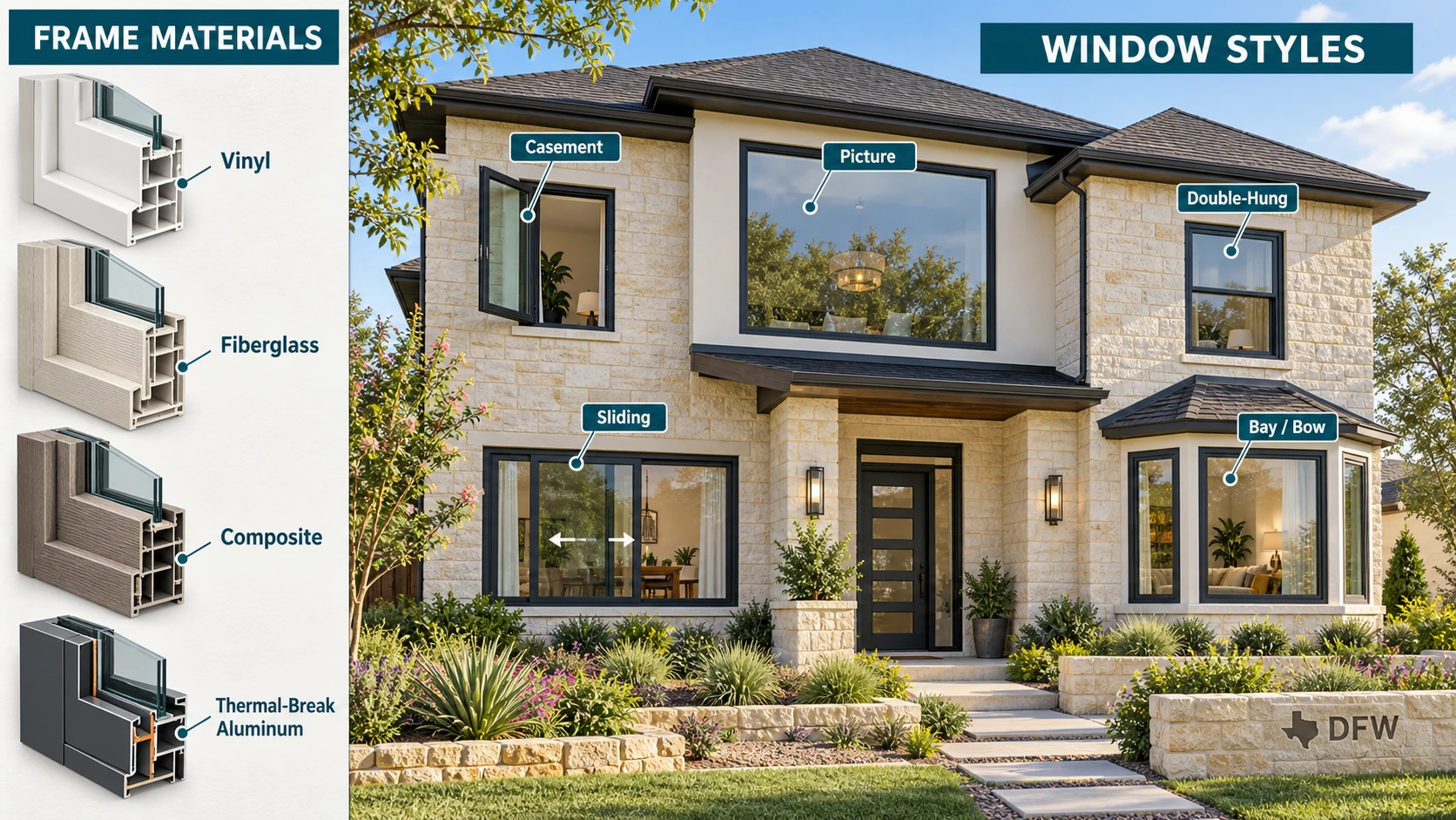 Vinyl, fiberglass, composite and aluminum window frame materials and styles for Dallas Fort Worth homes