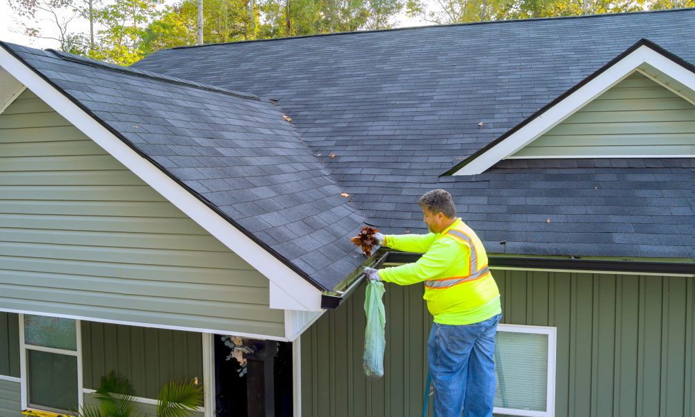Worker is cleaning clogged roof gutter from dirt, debris fallen leaves to prevent water let rainwater drain